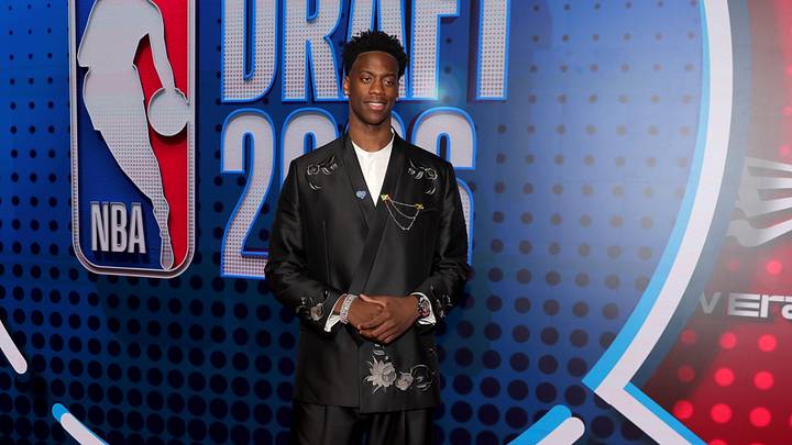 Jun 23, 2026; New York, NY, USA; Draft prospect AJ Dybantsa poses for photos on the red carpet before the 2026 NBA draft at Barclays Center. Mandatory Credit: Brad Penner-Imagn Images