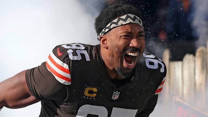 Cleveland Browns defensive end Myles Garrett (95) takes the field before an NFL football game at Huntington Bank Field, Dec. 21, 2025, in Cleveland, Ohio.