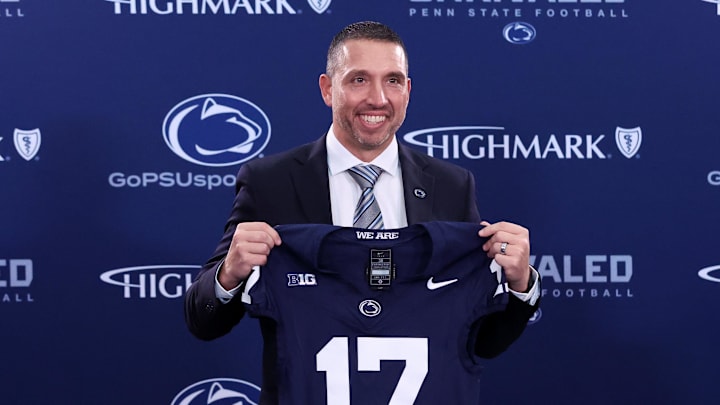 Dec 8, 2025; University Park, PA, USA; Matt Campbell poses for a photo after being announced as the Penn State Nittany Lions new head coach during a press conference at the Beaver Stadium Press Room. 