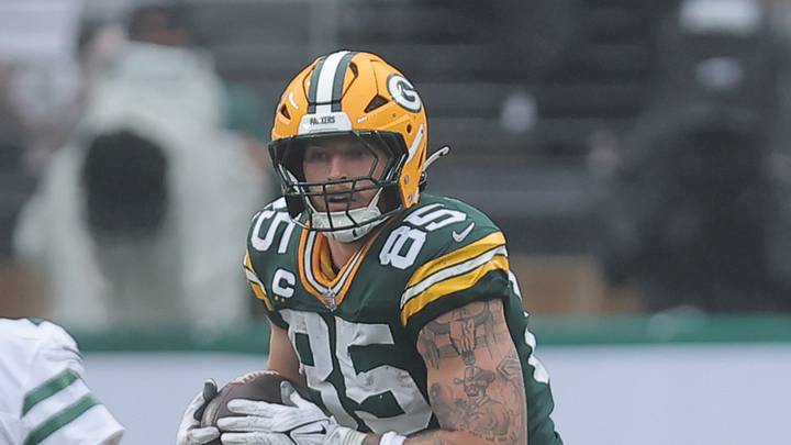 Sep 20, 2026; East Rutherford, New Jersey, USA;  Green Bay Packers tight end Tucker Kraft (85) catches a pass for 10 yards during the third quarter against the New York Jets at MetLife Stadium.  Mandatory Credit: Brad Penner-Imagn Images