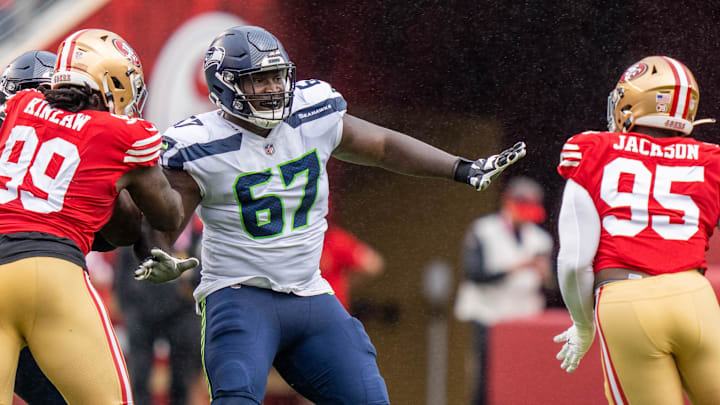 September 18, 2022; Santa Clara, California, USA; Seattle Seahawks offensive tackle Charles Cross (67) during the second quarter against the San Francisco 49ers at Levi's Stadium. 