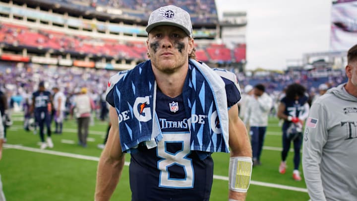 Tennessee Titans quarterback Will Levis (8) exits the field after the loss to the Minnesota Vikings at Nissan Stadium in Nashville, Tenn., Sunday, Nov. 17, 2024.