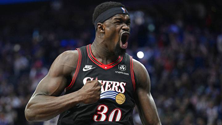 Philadelphia, Pennsylvania, USA; Philadelphia 76ers center Adem Bona (30) reacts after a basket against the Boston Celtics during the second half at Xfinity Mobile Arena on April 24, 2026.