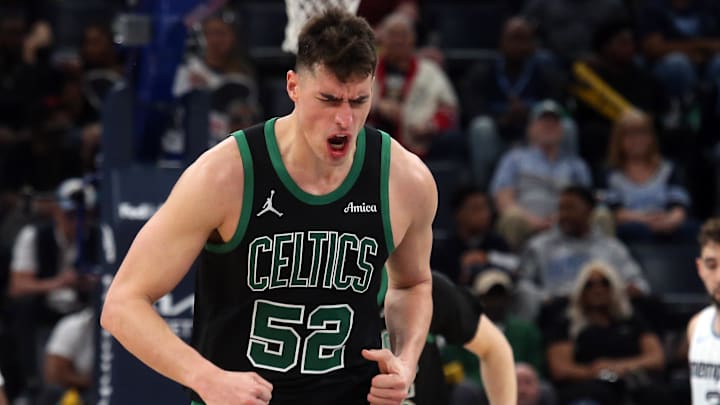 Mar 20, 2026; Memphis, Tennessee, USA; Boston Celtics center Luka Garza (52) reacts during the fourth quarter against the Memphis Grizzlies at FedExForum. Mandatory Credit: Petre Thomas-Imagn Images