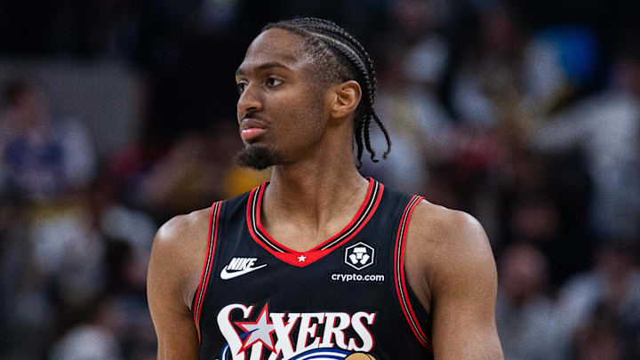 Apr 10, 2026; Indianapolis, Indiana, USA; Philadelphia 76ers guard Tyrese Maxey (0)  in the second half against the Indiana Pacers at Gainbridge Fieldhouse. Mandatory Credit: Trevor Ruszkowski-Imagn Images