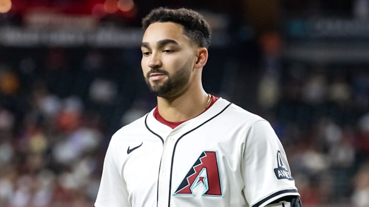 Sep 16, 2025; Phoenix, Arizona, USA; Arizona Diamondbacks infielder Jordan Lawlar against the San Francisco Giants at Chase Field. Mandatory Credit: Mark J. Rebilas-Imagn Images Sep 16, 2025; Phoenix, Arizona, USA; Arizona Diamondbacks infielder Jordan Lawlar against the San Francisco Giants at Chase Field. Mandatory Credit: Mark J. Rebilas-Imagn Images