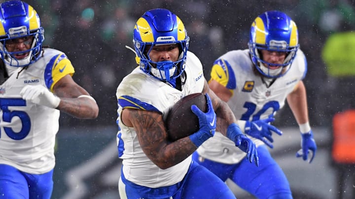 Jan 19, 2025; Philadelphia, Pennsylvania, USA; Los Angeles Rams running back Kyren Williams (23) runs with the ball against the Philadelphia Eagles in a 2025 NFC divisional round game at Lincoln Financial Field. Mandatory Credit: Eric Hartline-Imagn Images