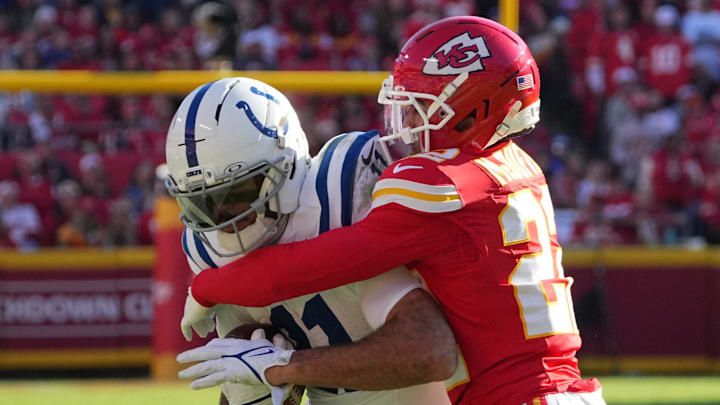 Nov 23, 2025; Kansas City, Missouri, USA; Indianapolis Colts wide receiver Michael Pittman Jr. (11) makes a catch against Kansas City Chiefs cornerback Trent McDuffie (22) in the second half at GEHA Field at Arrowhead Stadium. Mandatory Credit: Denny Medley-Imagn Images Nov 23, 2025; Kansas City, Missouri, USA; Indianapolis Colts wide receiver Michael Pittman Jr. (11) makes a catch against Kansas City Chiefs cornerback Trent McDuffie (22) in the second half at GEHA Field at Arrowhead Stadium. Mandatory Credit: Denny Medley-Imagn Images