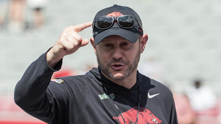 Arkansas Razorbacks head coach Ryan Silverfield talks to his team after the spring game at Razorback Stadium. 