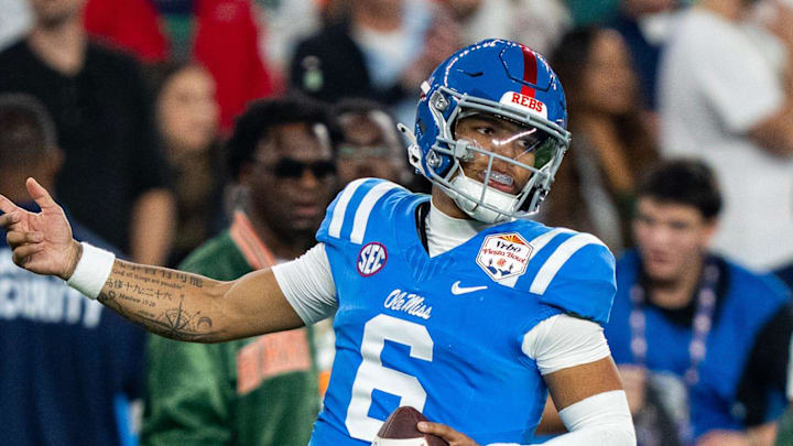 Ole Miss quarterback Trinidad Chambliss (6) celebrates a play during the CFP Fiesta Bowl against Miami at the State Farm Stadium, in Glendale, Ariz., on Thursday, Jan. 8, 2026.