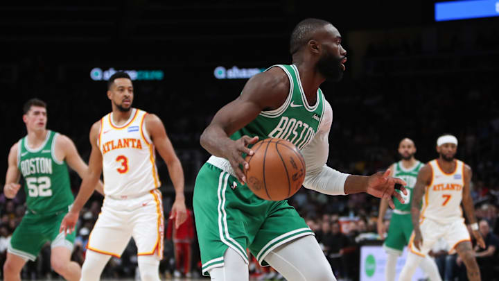 Mar 30, 2026; Atlanta, Georgia, USA; Boston Celtics guard Jaylen Brown (7) controls the ball against the Atlanta Hawks in the first half at State Farm Arena. Mandatory Credit: Mady Mertens-Imagn Images