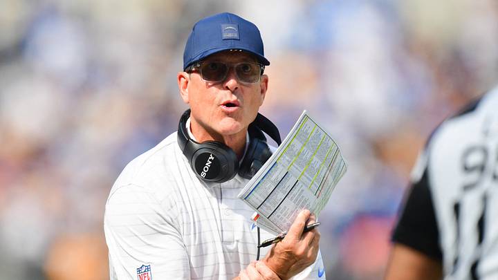 Oct 19, 2025; Inglewood, California, USA; Los Angeles Chargers head coach Jim Harbaugh reacts in the first half against the Indianapolis Colts at SoFi Stadium. Mandatory Credit: Gary A. Vasquez-Imagn Images