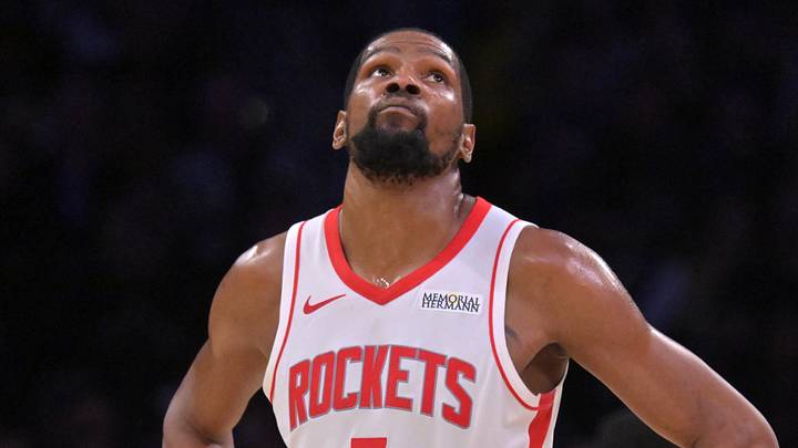 Apr 21, 2026; Los Angeles, California, USA; Houston Rockets forward Kevin Durant (7) looks on from the court in the second half of game two of the first round of the 2026 NBA Playoffs against the Los Angeles Lakers at Crypto.com Arena. Mandatory Credit: Jayne Kamin-Oncea-Imagn Images