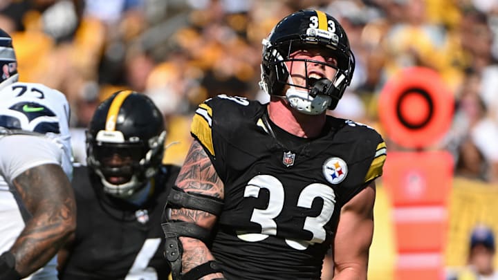 Sep 14, 2025; Pittsburgh, Pennsylvania, USA; Pittsburgh Steelers linebacker Jack Sawyer (33) celebrates a tackle against the Seattle Seahawks during the second half at Acrisure Stadium. Mandatory Credit: Barry Reeger-Imagn Images