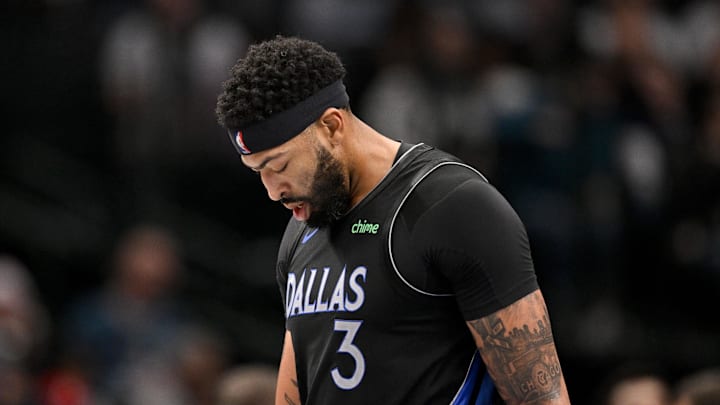 Dec 23, 2025; Dallas, Texas, USA; Dallas Mavericks forward Anthony Davis (3) looks down during the game between the Mavericks and the Nuggets at the American Airlines Center. Mandatory Credit: Jerome Miron-Imagn Images