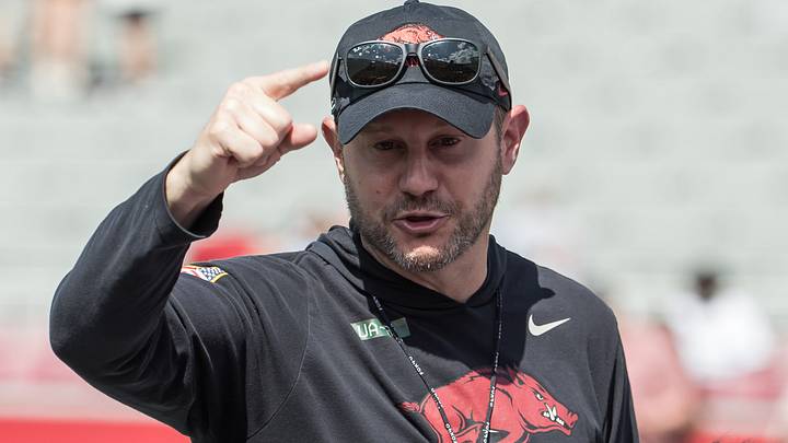 Arkansas Razorbacks head coach Ryan Silverfield talks to his team after the spring game at Razorback Stadium. Arkansas Razorbacks head coach Ryan Silverfield talks to his team after the spring game at Razorback Stadium.