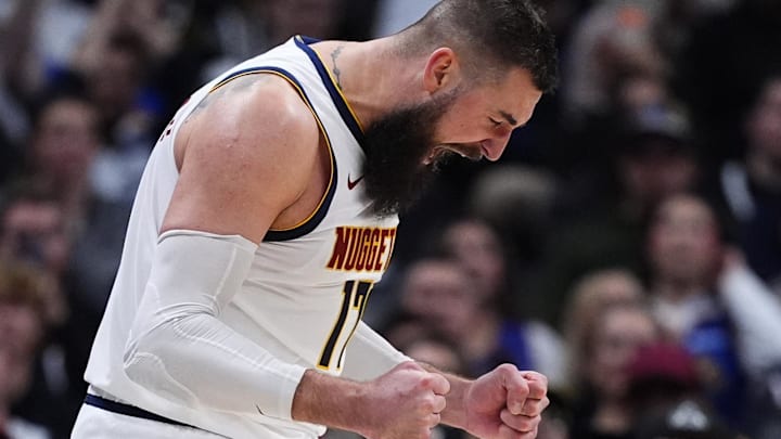 Jan 29, 2026; Denver, Colorado, USA; Denver Nuggets center Jonas Valanciunas (17) reacts in the second half against the Brooklyn Nets at Ball Arena. Mandatory Credit: Ron Chenoy-Imagn Images