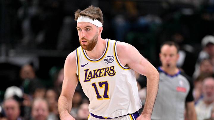 Jan 24, 2026; Dallas, Texas, USA; Los Angeles Lakers forward Drew Timme (17) runs back up the court against the Dallas Mavericks during the game at the American Airlines Center. 