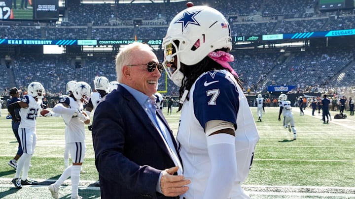 Dallas Cowboys owner Jerry Jones with cornerback Trevon Diggs on the field before a game against the New York Jets Dallas Cowboys owner Jerry Jones with cornerback Trevon Diggs on the field before a game against the New York Jets