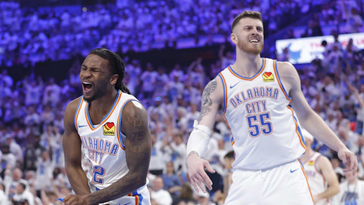 Apr 20, 2025; Oklahoma City, Oklahoma, USA; Oklahoma City Thunder guard Cason Wallace (22) celebrates after scoring against the Memphis Grizzlies during the second quarter at Paycom Center. Mandatory Credit: Alonzo Adams-Imagn Images