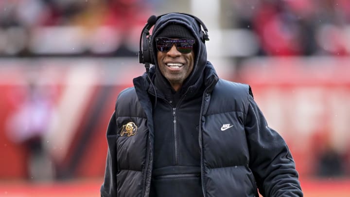 Nov 25, 2023; Salt Lake City, Utah, USA; Colorado Buffaloes head coach Deion 'Coach Prime' Sanders on the field against the Utah Utes at Rice-Eccles Stadium. Mandatory Credit: Christopher Creveling-USA TODAY Sports