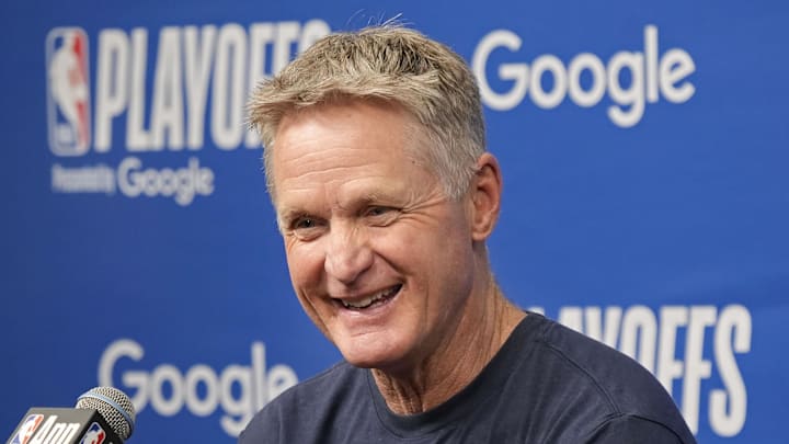 May 6, 2025; Minneapolis, Minnesota, USA; Golden State Warriors head coach Steve Kerr answers questions at a press conference before game one of the second round for the 2025 NBA Playoffs against the Minnesota Timberwolves at Target Center. Mandatory Credit: Bruce Kluckhohn-Imagn Images May 6, 2025; Minneapolis, Minnesota, USA; Golden State Warriors head coach Steve Kerr answers questions at a press conference before game one of the second round for the 2025 NBA Playoffs against the Minnesota Timberwolves at Target Center. Mandatory Credit: Bruce Kluckhohn-Imagn Images