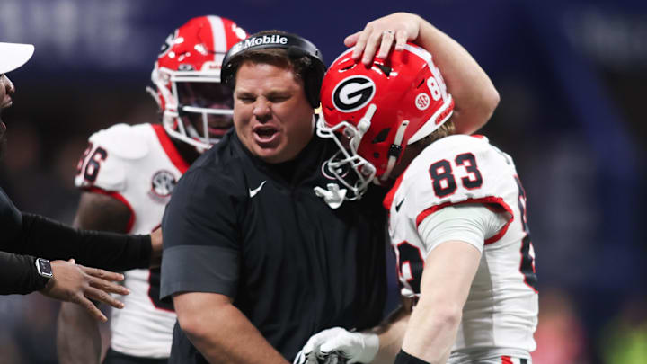 Dec 6, 2025; Atlanta, GA, USA; Georgia Bulldogs wide receiver Cole Speer (83) celebrates after blocking a punt during the first quarter against the Alabama Crimson Tide during the 2025 SEC Championship game at Mercedes-Benz Stadium. Mandatory Credit: Brett Davis-Imagn Images