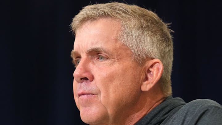 Feb 24, 2026; Indianapolis, IN, USA; Denver Broncos coach Sean Payton speaks at the NFL Scouting Combine at the Indiana Convention Center. Mandatory Credit: Kirby Lee-Imagn Images