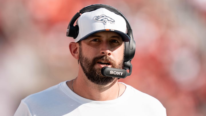 August 9, 2025; Santa Clara, California, USA; Denver Broncos offensive pass game coordinator Davis Webb before the game against the San Francisco 49ers at Levi's Stadium. Mandatory Credit: Kyle Terada-Imagn Images