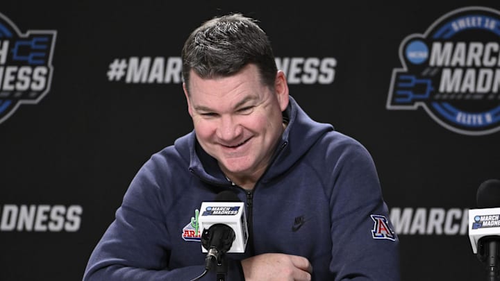 Mar 25, 2026; San Jose, CA, USA; Arizona Wildcats head coach Tommy Lloyd addresses the media in a press conference during a practice session ahead of the west regional of the men's 2026 NCAA Tournament at SAP Center. Mandatory Credit: Eakin Howard-Imagn Images Mar 25, 2026; San Jose, CA, USA; Arizona Wildcats head coach Tommy Lloyd addresses the media in a press conference during a practice session ahead of the west regional of the men's 2026 NCAA Tournament at SAP Center. Mandatory Credit: Eakin Howard-Imagn Images