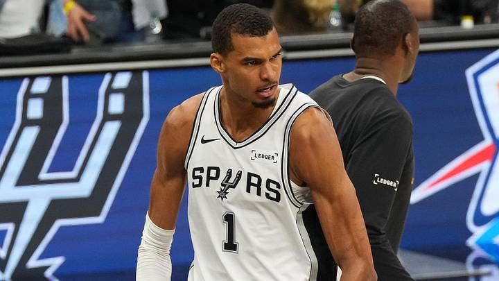 May 24, 2026; San Antonio, Texas, USA;  San Antonio Spurs center Victor Wembanyama (1) reacts after the second quarter against the Oklahoma City Thunder during game four of the western conference finals for the 2026 NBA playoffs at Frost Bank Center. Mandatory Credit: Scott Wachter-Imagn Images