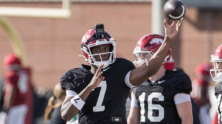 Arkansas Razorbacks quarterback KJ Jackson (7) throws the ball during spring practice at the Arkansas Razorbacks practice facilities. Arkansas Razorbacks quarterback KJ Jackson (7) throws the ball during spring practice at the Arkansas Razorbacks practice facilities.