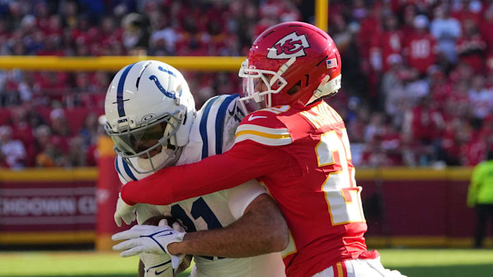 Nov 23, 2025; Kansas City, Missouri, USA;  Indianapolis Colts wide receiver Michael Pittman Jr. (11) makes a catch against Kansas City Chiefs cornerback Trent McDuffie (22) in the second half at GEHA Field at Arrowhead Stadium. Mandatory Credit: Denny Medley-Imagn Images