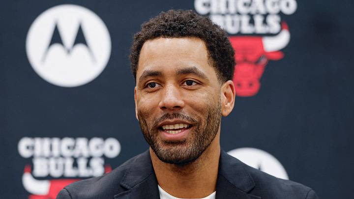 Jun 17, 2026; Chicago, Il, USA; Chicago Bulls Executive Vice President of Basketball Operations Bryson Graham introduces Chicago Bulls new head coach Tiago Splitter during a press conference at Advocate Center. Mandatory Credit: Kamil Krzaczynski-Imagn Images