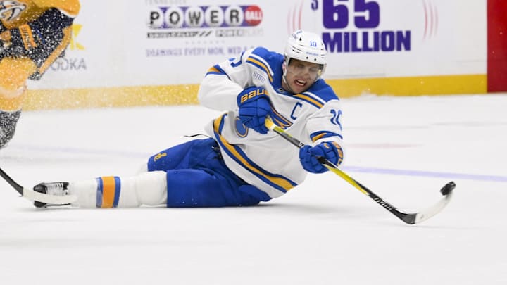 Feb 2, 2026; Nashville, Tennessee, USA; St. Louis Blues center Brayden Schenn (10) flips the puck against the St. Louis Blues during the third period at Bridgestone Arena. Mandatory Credit: Steve Roberts-Imagn Images Feb 2, 2026; Nashville, Tennessee, USA; St. Louis Blues center Brayden Schenn (10) flips the puck against the St. Louis Blues during the third period at Bridgestone Arena. Mandatory Credit: Steve Roberts-Imagn Images