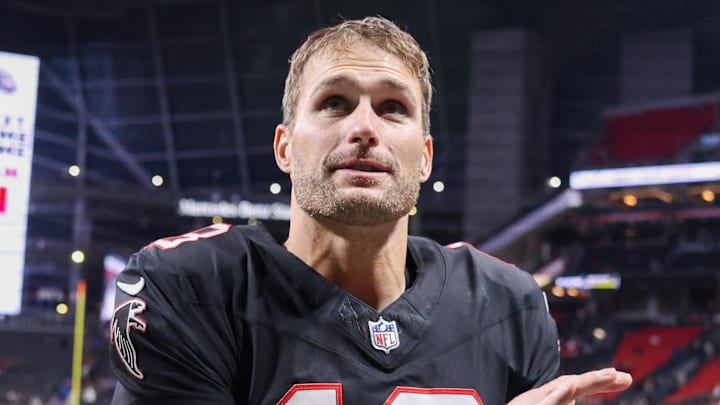 Dec 29, 2025; Atlanta, Georgia, USA; Atlanta Falcons quarterback Kirk Cousins (18) celebrates after a victory over the Los Angeles Rams at Mercedes-Benz Stadium. 