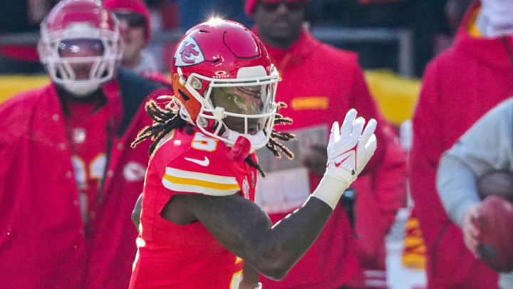Dec 21, 2024; Kansas City, Missouri, USA; Kansas City Chiefs wide receiver Hollywood Brown (5) runs the ball against the Houston Texans during the first half at GEHA Field at Arrowhead Stadium.