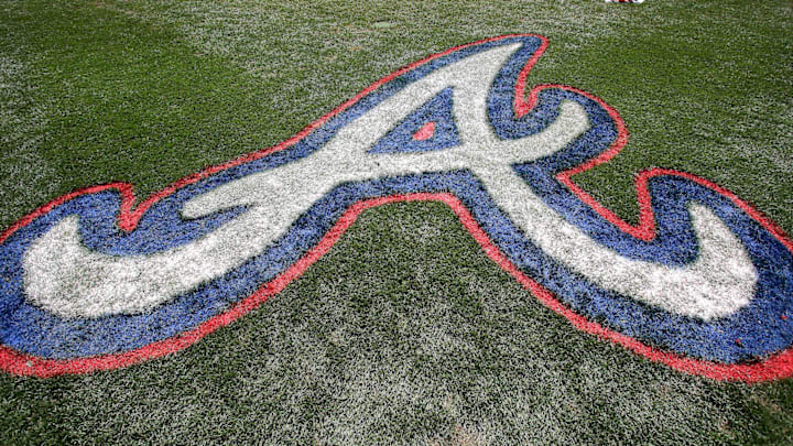 Mar 15, 2015; Lake Buena Vista, FL, USA; The Atlanta Braves logo painted on the field during a spring training baseball game at Champion Stadium. The Toronto Blue Jays beat the Atlanta Braves 10-5. Mandatory Credit: Reinhold Matay-Imagn Images