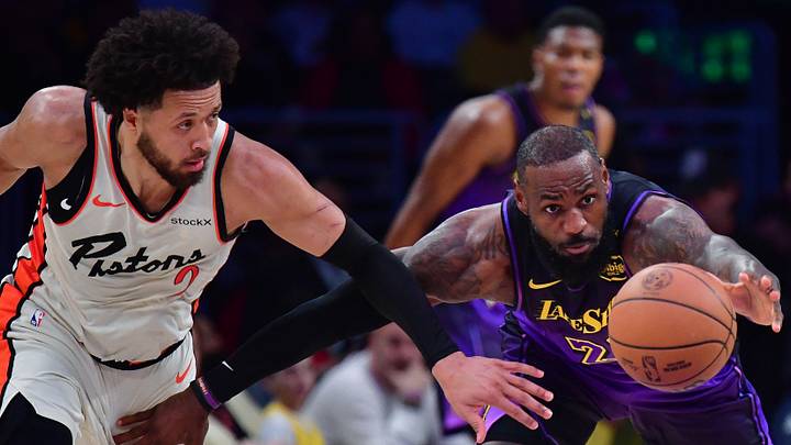 Los Angeles Lakers forward LeBron James (23) plays for the ball against Detroit Pistons guard Cade Cunningham (2) during the first half at Crypto.com Arena. Mandatory Credit: Gary A. Vasquez-Imagn Images Los Angeles Lakers forward LeBron James (23) plays for the ball against Detroit Pistons guard Cade Cunningham (2) during the first half at Crypto.com Arena. Mandatory Credit: Gary A. Vasquez-Imagn Images