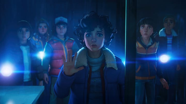 (L to R) Ben Plessala as Will, Jolie Hoang-Rappaport as Max, Braxton Quinney as Dustin, Brooklyn Davey Norstedt as Eleven, Luca Diaz as Mike, and Elisha Williams as Lucas in Stranger Things: Tales From '85