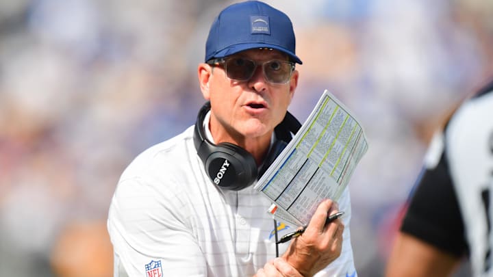 Oct 19, 2025; Inglewood, California, USA; Los Angeles Chargers head coach Jim Harbaugh reacts in the first half against the Indianapolis Colts at SoFi Stadium. Mandatory Credit: Gary A. Vasquez-Imagn Images