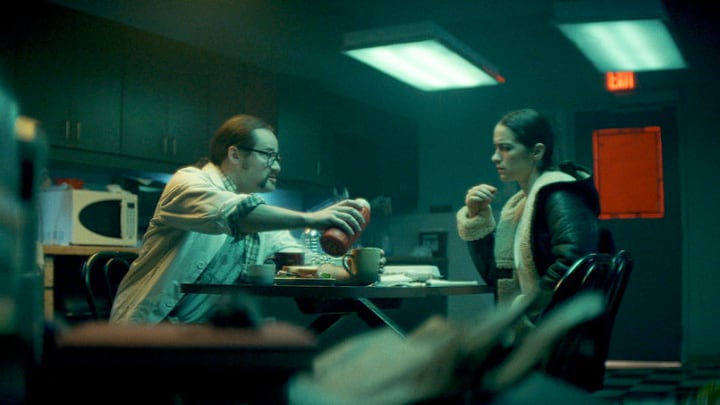 REVIVAL -- Too Many Secrets Episode 107 -- Pictured in this screengrab: (l-r) Graeme Barrett as Randy, Melanie Scrofano as Dana Cypress -- (Photo by: Lavivier Productions/SYFY)