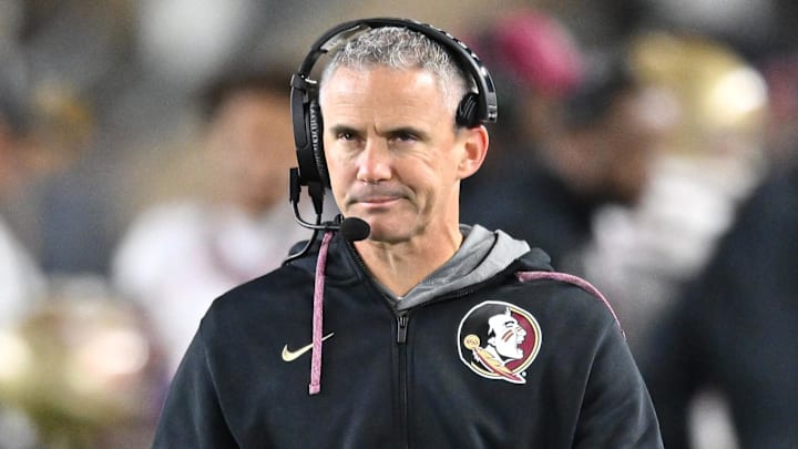 Nov 9, 2024; South Bend, Indiana, USA; Florida State Seminoles head coach Mike Norvell watches in the third quarter against the Notre Dame Fighting Irish at Notre Dame Stadium. Mandatory Credit: Matt Cashore-Imagn Images