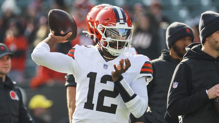Jan 4, 2026; Cincinnati, Ohio, USA; Cleveland Browns quarterback Shedeur Sanders (12) participates in pregame warmups against the Cincinnati Bengals at Paycor Stadium. Mandatory Credit: Joseph Maiorana-Imagn Images