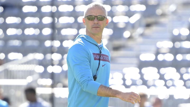 Nov 23, 2024; Tallahassee, Florida, USA; Florida State Seminoles head coach Mike Norvell before the game against the Charleston Southern Buccaneers at Doak S. Campbell Stadium. Mandatory Credit: Melina Myers-Imagn Images