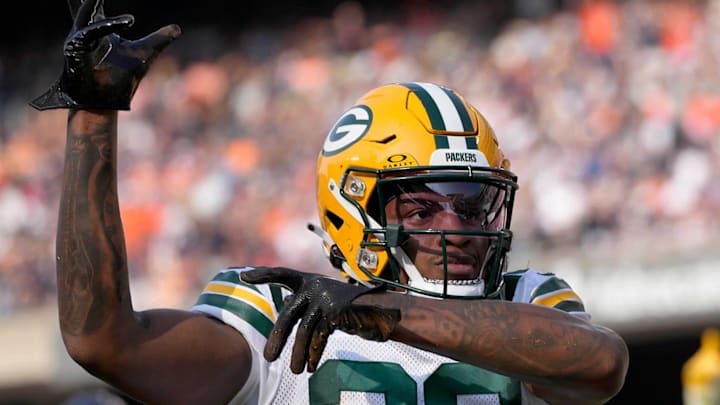 Green Bay Packers cornerback Rasul Douglas (29) celebrates breaking up a pass at Chicago in 2023.