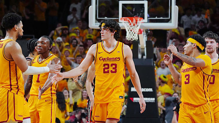 Iowa State Cyclones forward Joshua Jefferson (5), guard Jamarion Batemon (1), forward Blake Buchanan (23), guard Tamin Lipsey (3), and guard Jamarion Batemon (1) celebrate during the second half in the Big-12 men’s basketball at Hilton Coliseum on Feb. 16, 2026, in Ames, Iowa
