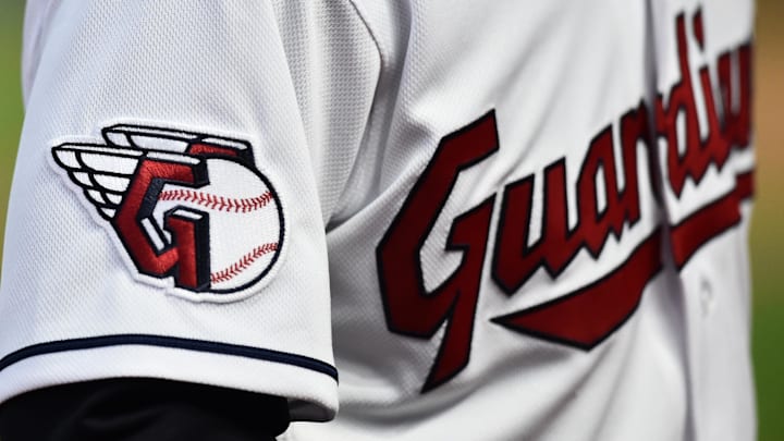 Apr 15, 2022; Cleveland, Ohio, USA; A detail of the uniform of Cleveland Guardians left fielder Steven Kwan during the game between the Cleveland Guardians and the San Francisco Giants at Progressive Field. Mandatory Credit: Ken Blaze-Imagn Images