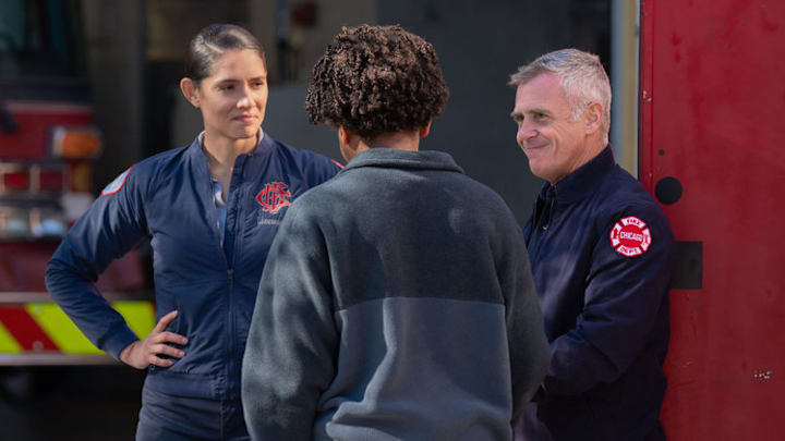 CHICAGO FIRE -- "Crime of Passion" Episode 1409 -- Pictured: (l-r) Miranda Rae Mayo as Stella Kidd, David Eigenberg as Christopher Herrmann 
