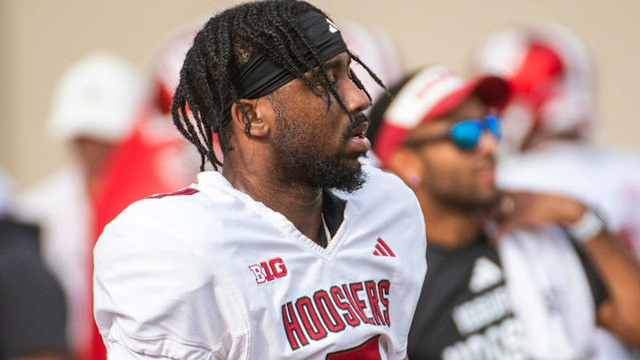 Indiana's Louis Moore (7) at Indiana University football practice on Wednesday, Aug. 13, 2025. Indiana's Louis Moore (7) at Indiana University football practice on Wednesday, Aug. 13, 2025.